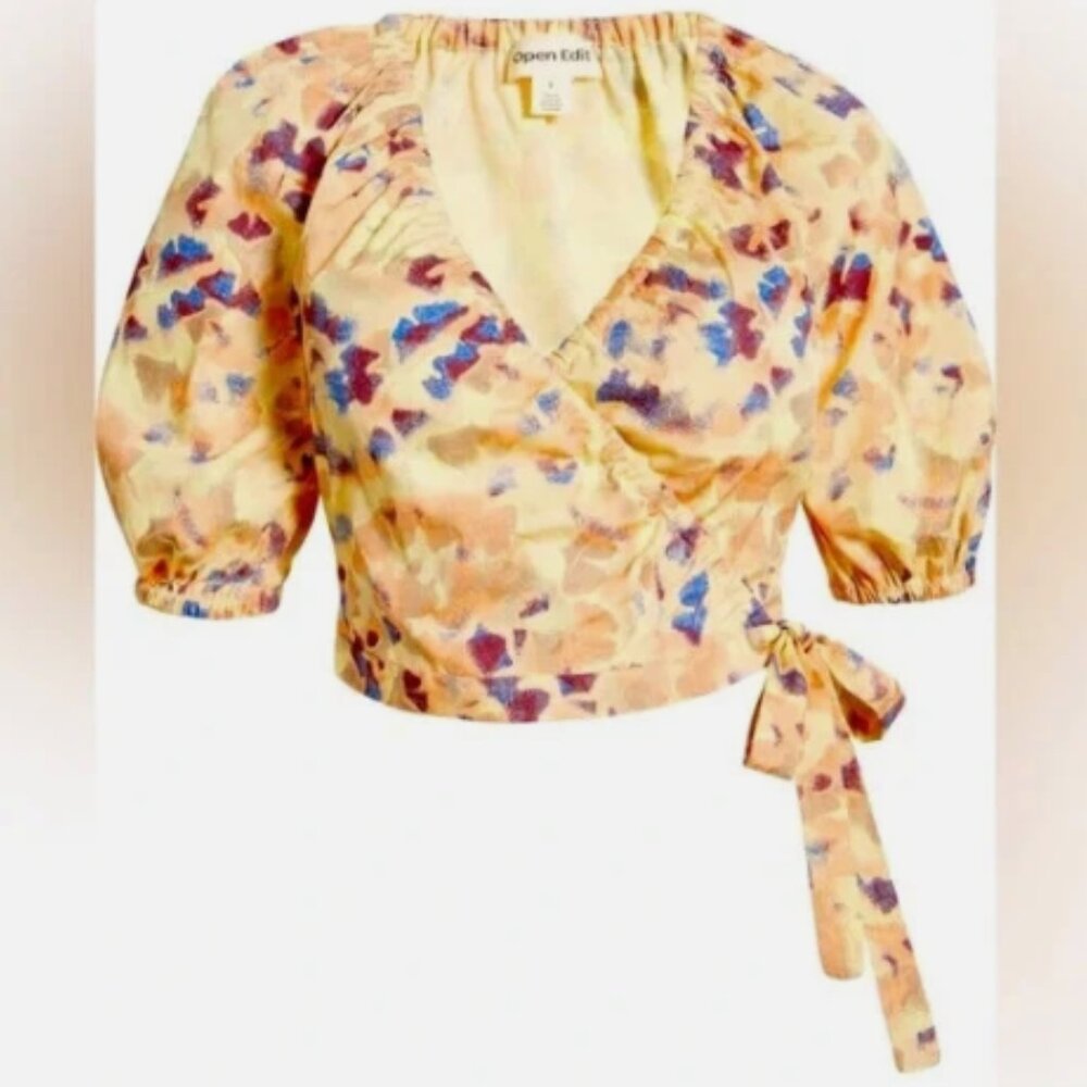New Open Edit Cropped Wrap Puff Sleeve Wrap Top Multicolor Poplin L Nordstrom